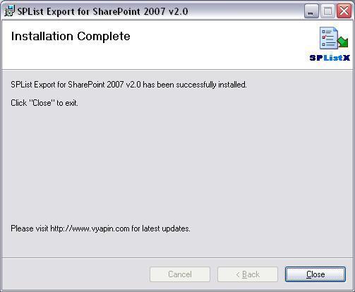 3.9. Installation Complete The Installation Complete dialog is the last step of the SPList Export for SharePoint 2007