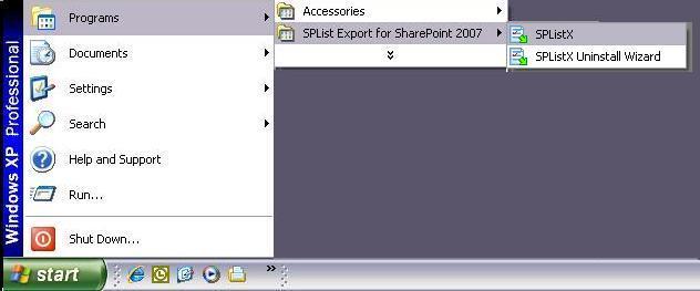 3.11. Launching SPListX Having finished the SPList Export for SharePoint 2007 installation, SPList Export for SharePoint 2007 is accessible from the menu Start/All Programs/SPList Export for