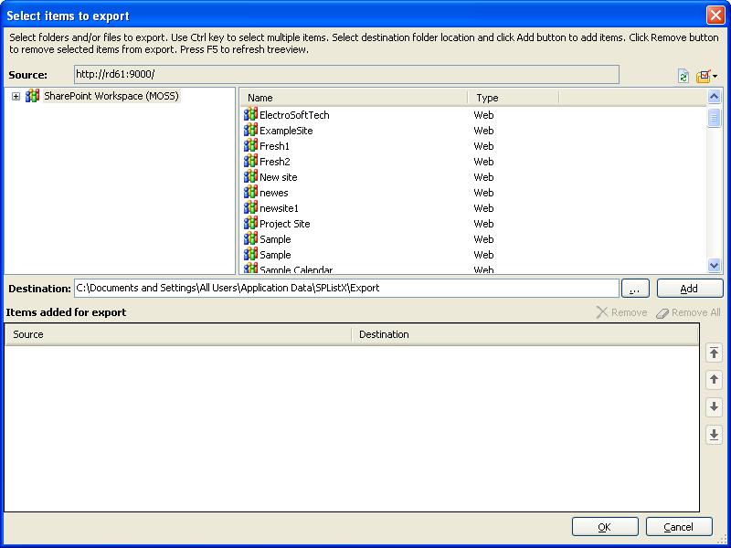 Select items to export dialog contains a textbox (top), tree-view (top-left) and a list-view (topright), which provides explorer like view to select folder / file