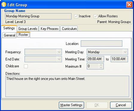 Figure 9 Small Groups setup Multiple Locations for Rosters As an organization that thrives on participation of people, you may discover the need to hold one class or activity group in multiple