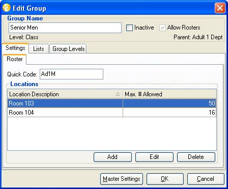Attendance and Groups Figure 10 Group locations setup You can turn on the multiple locations function in the Master Settings area of Group Setup.
