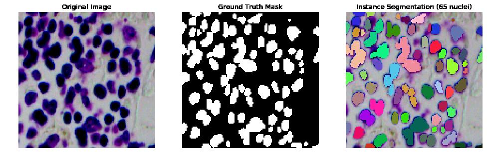 Figure 1: Sample image, ground truth mask, and instance segmentation from Kaggle dataset Set 2-3: ISBI Datasets [8, 9] We used two separate datasets from the ISBI challenges.