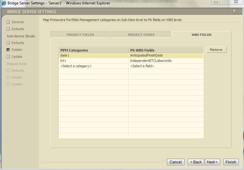 Bridge Server Settings dialog These mappings are relevant only for WBS