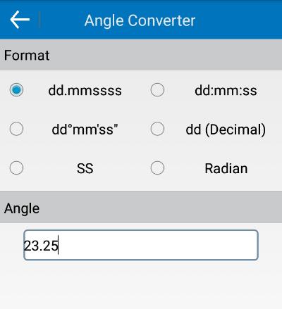 7.3 Angle Converter Click Tools - Angle Converter as shown in Figure 7.3-1. It includes 6 angle formats, namely dd.mmssss, dd:mm:ss, dd mm'ss, dd(decimal), SS and Radian.