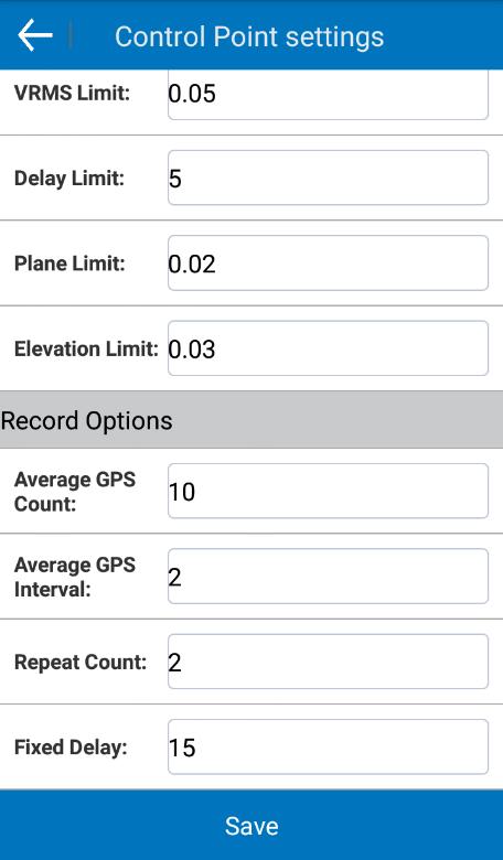 Figure 4.1-6 Control point: In the control point settings interface, you can set the saved conditions and record options of control point, please refer to Figure 4.1-6. In record options, we can set the parameters average GPS count, Average GPS interval, repeat count and fixed delay.