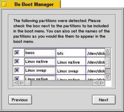 displayed, showing all fixed disks and partitions by type, with options to change and update the partition configuration. Figure 1 shows the first of two BeOS panels used to manage partitions.