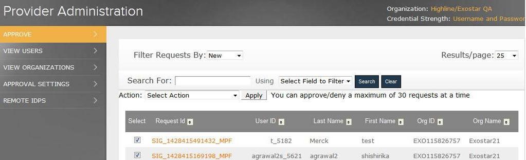 3. The search results display. Click the Request ID link to access the desired request.