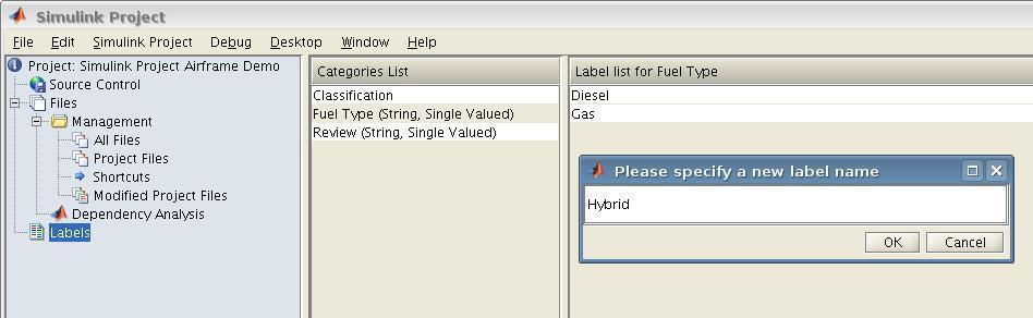Using Labels in a Simulink Project Define metadata to associate with project files Use for