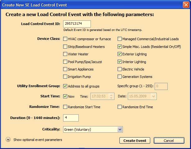 5. Click the Create new event... button. The Create New SE Load Control Event window appears as shown in Figure 17. Figure 17. Create New Load Control Event Window 6.