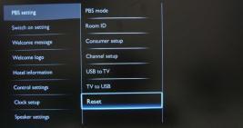 6. PBS Mode [Off]: The TV operates as a basic (consumer) TV. [On]: All settings in the PBS mode Setup menu are active. Only by switching on this mode the TV acts as a Hospitality TV. Sets the room ID.