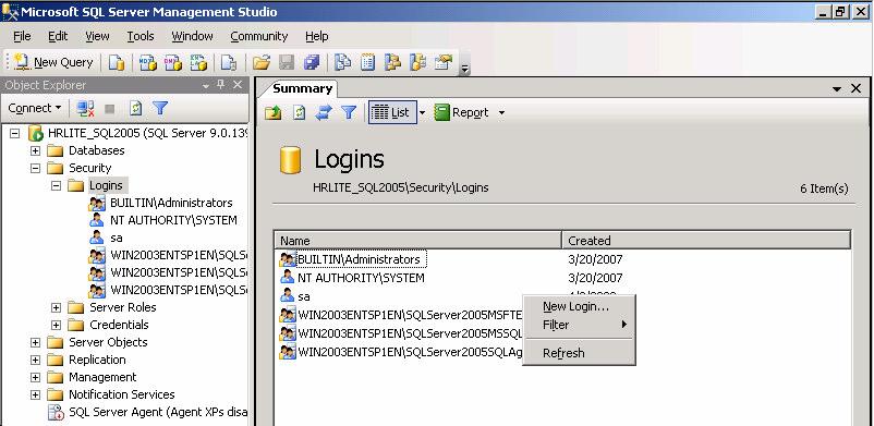4.2 SQL Server Login Account Setup HR-Lite Database &