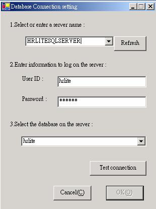 Select or simply enter SQL Server name, input User ID and Password, select database on