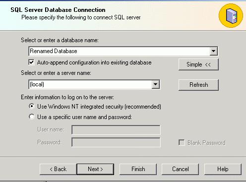 to the SQL Server Database Connection dialog box, as shown in the figure below.