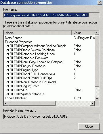 Database Connection Properties Selecting Connection Properties from the File menu opens the Database Connection Properties dialog box, shown below, which lists the initialization properties for the