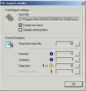It also provides a summary of the import, including how many items were inserted, updated, or rejected, and shows how many errors occurred. Click the.