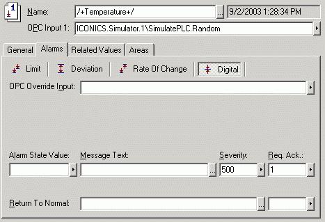 Digital The Digital tab of the Alarms section of the tag properties, shown in the figure below, sets an alarm if the comparison between the Alarm State Value and the input state is TRUE.