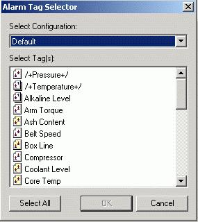 This opens the Alarm Tag Selector, as shown in the figure below, which lists all alarm tags for each alarm configuration.