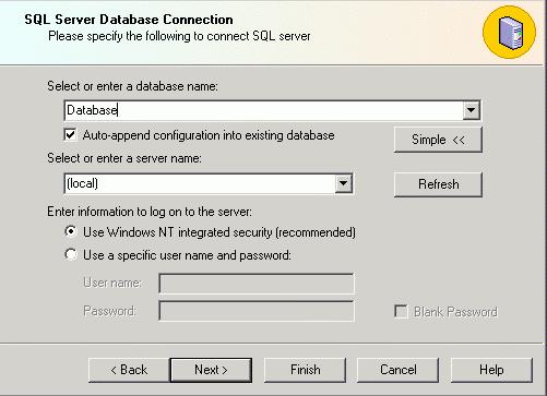 4. To connect to a SQL Server database, select the existing database from the drop-down list, as shown in the figure below. Check the Auto-append configuration into existing database check box.