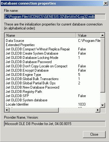 Database Connection Properties Selecting Connection Properties from the File menu opens the Database Connection Properties dialog box, shown below, which lists the initialization properties for the