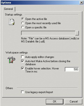 Options To choose additional settings, select Options from the Tools menu. This opens the Options dialog box, shown in the figure below.
