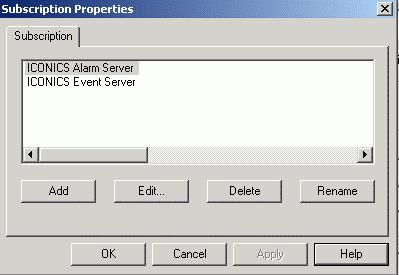 Edit Subscription Button: Opens the Subscription Properties dialog box, shown in the figure below, which allows you to subscribe to one or more OPC Alarm and Events servers and