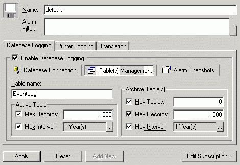 Database Logging: Table Management Active Table: Here you can specify a limit on the active table size.