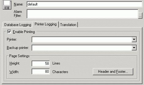 Printer Logging Tab Checking the Enable Printing check box on the Printer Logging tab of the configuration properties, shown in the figure below, causes the Alarm Logger to type event records to the