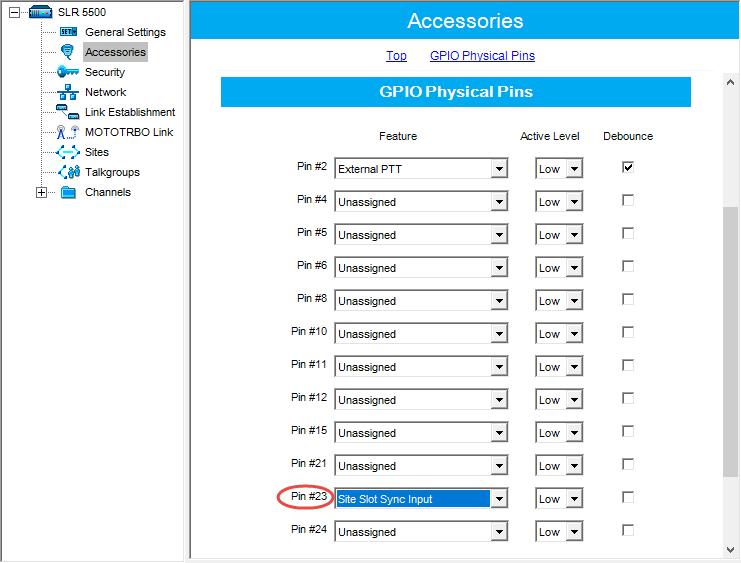 4.1.2 Accessories In the left pane, select Accessories. In the Accessories pane, go to the GPIO Physical Pins section. Pin # 23 From the drop-down list, select Site Slot Sync Input.