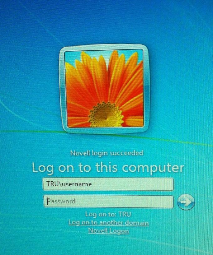 When you see this as your login screen type TRU\username to login to the computer.