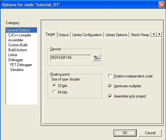 OpenStax-CNX module: m15976 5 Project Options Screen Figure 3 In the General Options menu: Set the Device to the MSP430F2012 or whatever MSP430 device number you are using.