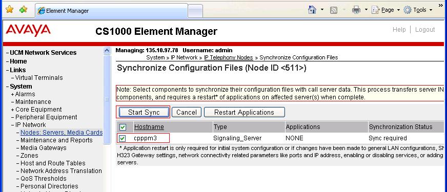 Figure 9: Node Saved Page Click on the Transfer Now button in Figure 9 and the Synchronize Configuration Files (Node ID) page appears as shown in Figure 10.