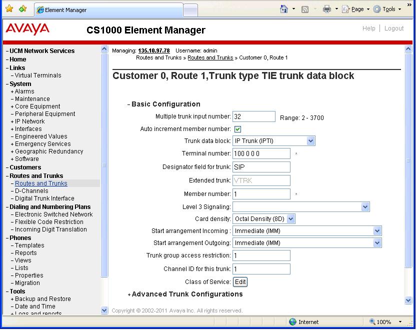 5.5. Configure SIP Trunks To configure SIP Trunks from the homepage of Element Manager, navigate to Routes and Trunks > Routes and Trunks. The Routes and Trunks page appears in the right-hand side.