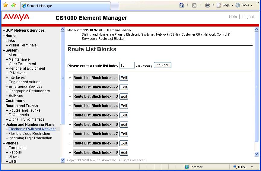 Click on the Route List Block (RLB) link of the Electronic Switched Network (ESN) page, the Route List Blocks page appears as shown in Figure 32.
