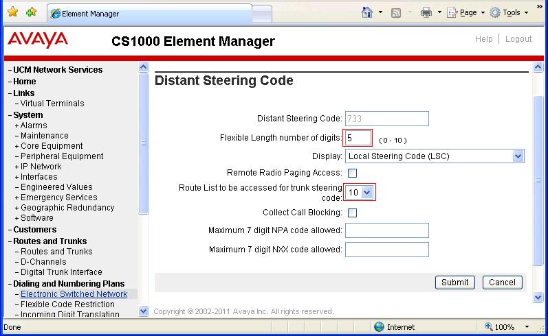 The Distant Steering Code page appears as shown in Figure 36. Enter 5 in the field Flexible Length number of digits, because the length of dialed number to Movitas system is 5 digits.