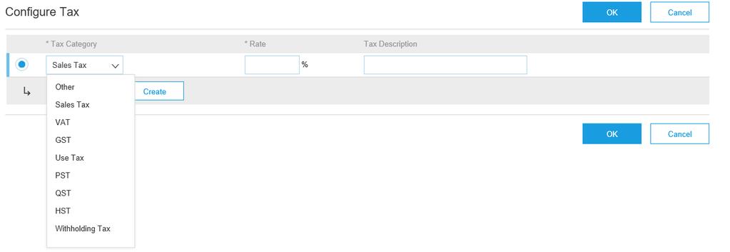 Select the tax type that most represents your requirements Enter the Rate %, this is the