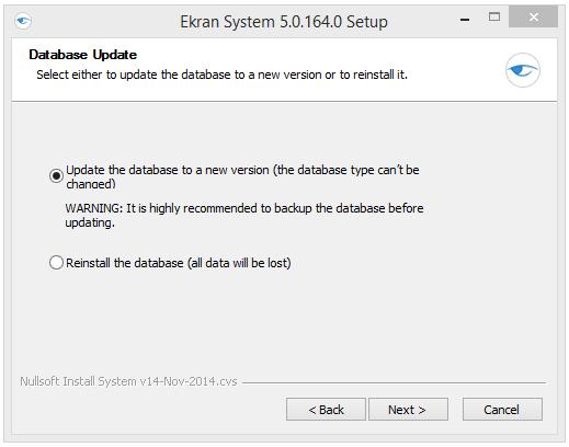 Server and Database 5. On the Database Update page, if you want to keep the existing database, select Update database to a new version, otherwise select Reinstall the database. Click Next.