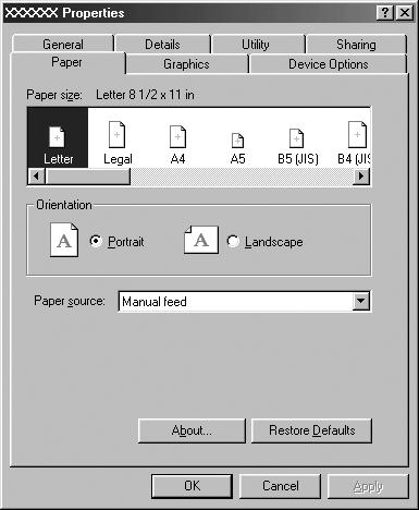Changing the printer driver settings Your printer driver has seven menus: Paper, Graphics, Device Options, General, Details, Utility, and Sharing.