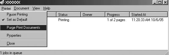 2. When canceling all printing documents, select Purge Print Documents (For Windows Me or 98) or Cancel All Documents (For Windows XP, 2000, or Windows NT 4.0) on the Printer menu.