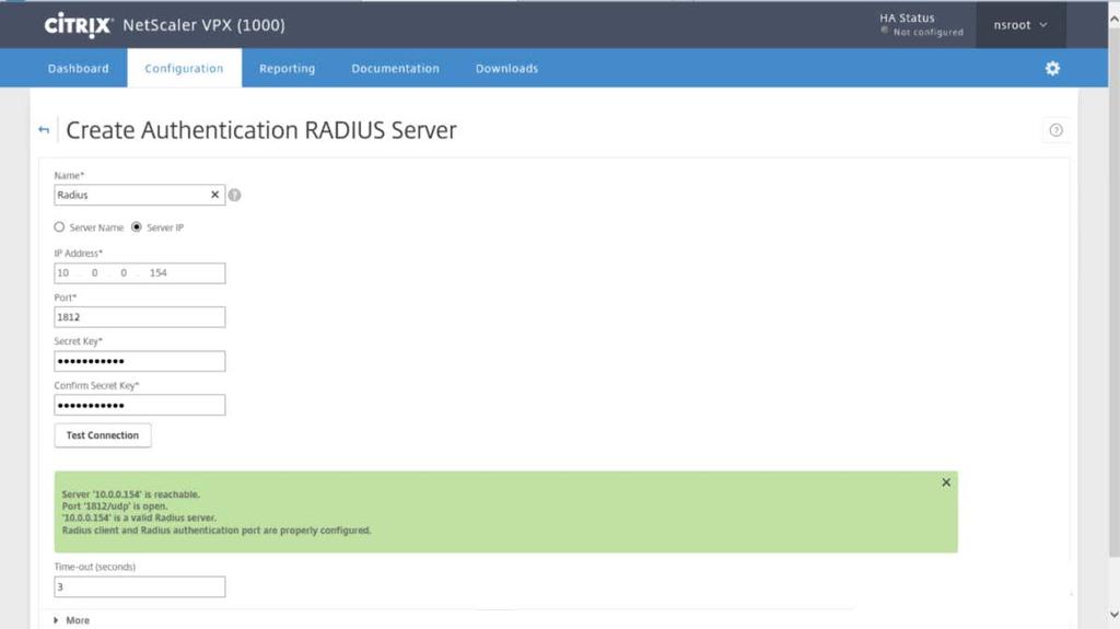 5. Enter a name for the RADIUS Server, its IP address and the secret key from step 4 in the Configure the NPS Server RADIUS Client section of this document (page 5. 6. Click Test Connection.