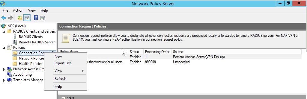 Configure the NPS Server Connection Request Policy This section will walk you through the configuration of the NPS Server Connection Request policy. 1.