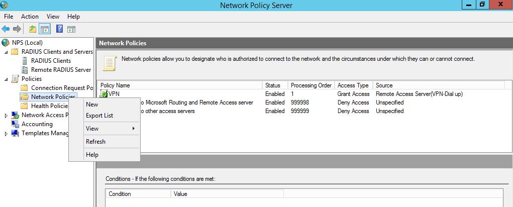 configuration of the NPS Server Connection Request policy. 1.