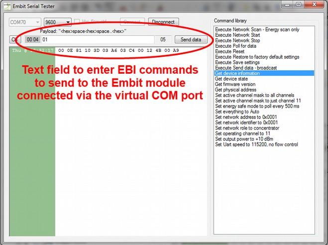 EBI-LoRa Usage Example To get started, just connect the two EMB-EVB boards to a PC and open two instances of Embit EBI LoRa serial tester software in order to setup each module.
