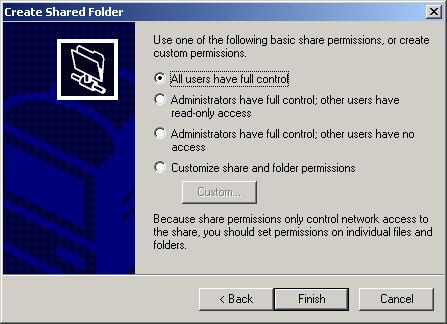 The Create Shared Folder Wizard dialog box for assigning share permissions appears, as shown in Figure 10.