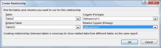 In the Create Relationship dialog box, enter the tables and columns you want to be