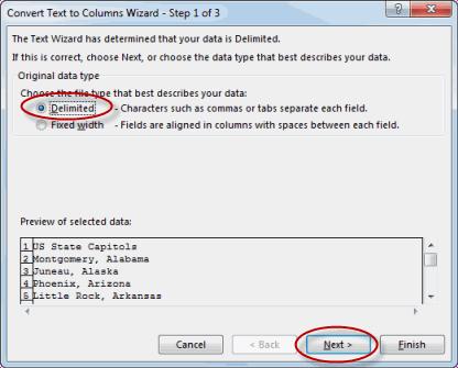 Data Tools 2. To convert the text in column A of the sheet named "Capitols" to two columns: A. Select column A. B. On the Data tab, in the Data Tools group, click the Text to Columns command: C.