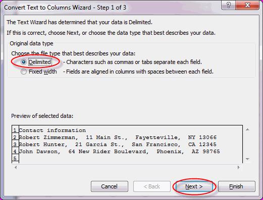 Data Tools 3. To convert the text in column A of the sheet named "Contact Information" to five columns: A. Select column A. B.