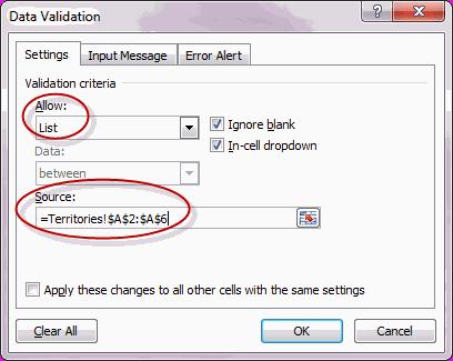 Data Tools F. Navigate to the sheet named Territories and select cells A2:A6: G.