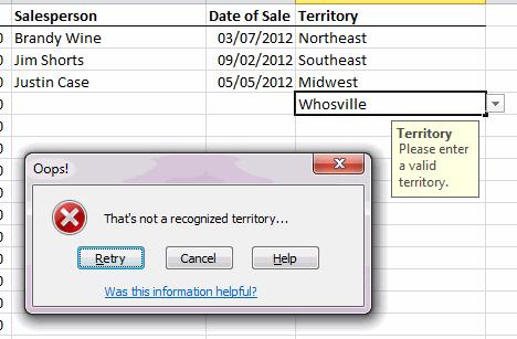Data Tools J. Note that selecting any of the cells E2:E17 in the sheet named "Sales" opens a drop-down list from which you can select one of the allowed entries.