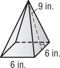 138) A rectangular pyramid has a volume of 210 cubic centimeters. Find two possible sets of measurements for the base area and height of the pyramid. 139) Find the surface area of the pyramid.