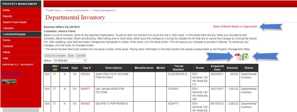 You can print the Departmental Inventory page report by clicking the PDF Icon or you can export the report to Excel by